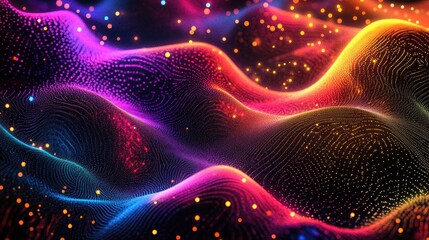 Fototapeta premium Abstract flowing neon dots shaping a futuristic landscape, vivid paradise background, luminous and ethereal
