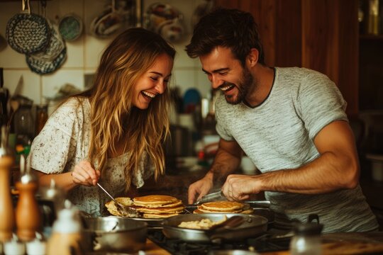 A couple laughing together as they prepare pancakes in a cozy kitchen, enjoying the fun and casual experience of cooking breakfast