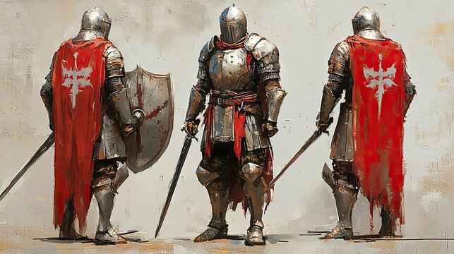 Three Knights in Red Cloaks and Armor