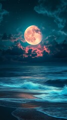 Full moon over the ocean with cloudy