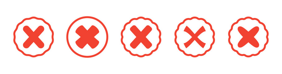 Obraz premium Set of red cross. Wrong. Trendy icons. Symbol sign. Hand drawn. Doodle. Vector. Textbox and checkbox. Frame vote. Button. No. Mark . Flat style. False and reject.
