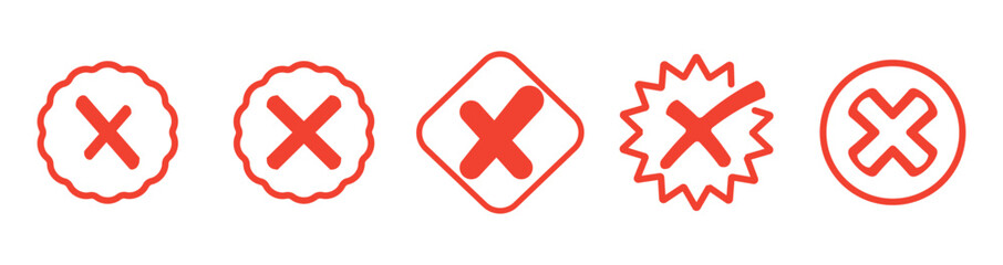 Obraz premium Set of different red cross. Wrong. Trendy icons. Symbol sign. Hand drawn. Doodle. Vector. Textbox and checkbox. Frame vote. Button. No. Mark . Flat line style. False and reject.