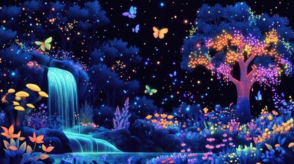 Obraz premium Abstract landscape of neon dots creating trees, waterfall, flowers, and butterflies, bright paradise background