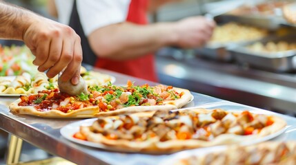 Vibrant Turkish street food scene featuring a vendor preparing a stuffed kumpir with a variety of toppings