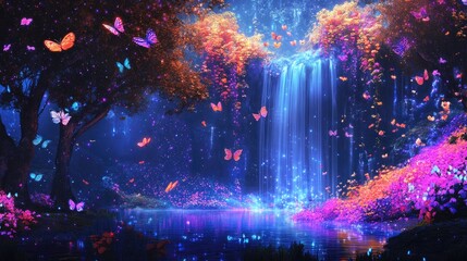 Abstract landscape of neon dots creating trees, waterfall, flowers, and butterflies, bright paradise background