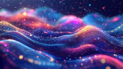 Obraz premium Abstract landscape of neon dots, flowing into a vivid paradise background, luminous and dreamlike