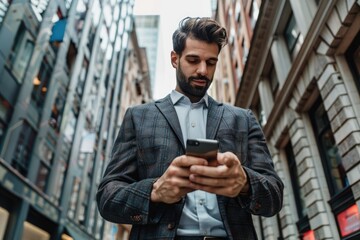 Man in suit making online purchase on smartphone, professional working on the go, urban backdrop