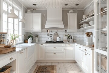 Fototapeta premium Elegant white kitchen with cozy atmosphere and modern elements