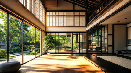 Fototapeta premium Traditional Japanese Architecture in Harmony with Nature/日本庭園と調和する伝統的な和風建築