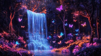Abstract paradise landscape with neon dots forming trees, waterfall, and butterflies, luminous and dreamlike -