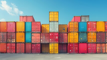 Fototapeta premium Expansive view of a shipping yard filled with air containers stacked neatly in rows under a clear blue sky