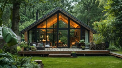 Fototapeta premium Garden house designs often complement the surrounding landscape and may include elements such as large windows to capture garden views, natural materials such as wood or stone, 