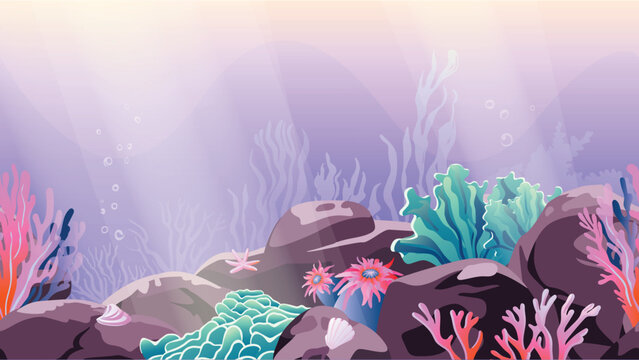 Seamless Underwater background. Ocean floor with stones, corals, algae, and shellfish. Vector illustration