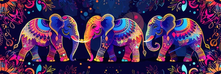 Ornate elephants parade through the festivities showcasing elaborate decorations during an Indian festival, captivating crowds with their vibrant colors and designs. Generative AI
