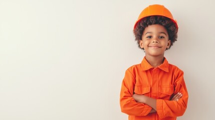 A cheerful child wearing an orange construction outfit and hard hat, confidently smiling with arms crossed against a neutral backdrop.