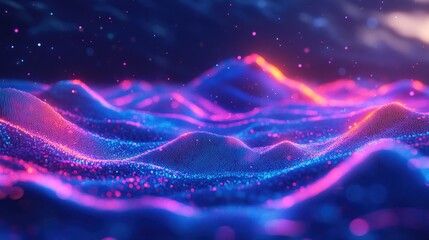 Obraz premium Flowing neon dots crafting a surreal landscape, against a paradise backdrop, vibrant and dreamlike atmosphere