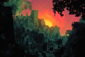 Obraz premium Ancient Ruins Silhouetted Against a Sunset Sky