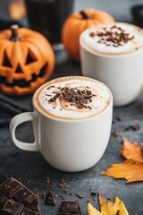 Espresso and steamed milk cups with Halloween-themed art and chocolate shavings on top. Lattes with a generous amount of foam in celebration of Halloween.