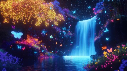Neon dots forming an abstract landscape with trees, waterfall, flowers, and butterflies, bright paradise background