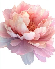 A detailed 3D render of a peony in bloom, luxurious layers of petals, isolated on white background