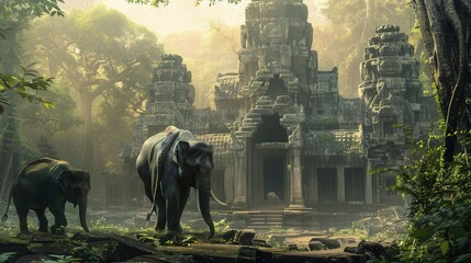 Elephants stroll near a mysterious temple, surrounded by dense foliage and illuminated by gentle morning sunlight. Generative AI