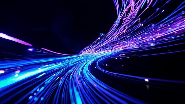 Illuminated fiber optic strands swirl in darkness. Vibrant blue and purple light trails create a sense of speed and connectivity.