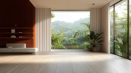Fototapeta premium Modern home empty living room interior and panoramic window on tropics