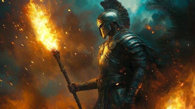 spartan warrior holding fiery torch with billowing black smoke Seamless looping 4k time-lapse virtual video animation background