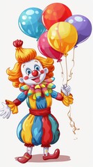 A kind and cheerful clown holds vibrant balloons