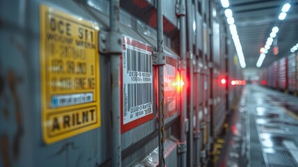 Close-up of labels and barcodes on an air container, highlighting the shipping details and tracking information