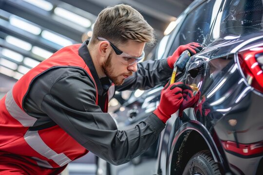 Car body repair specialist removes dents for precise alignment and deformation correction