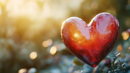 Obraz premium Sparkling red heart decoration in a garden during sunset