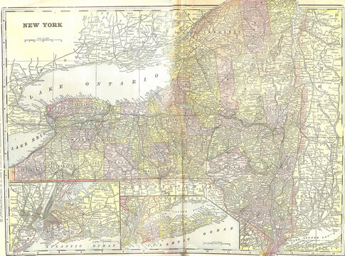 Antique map of new york state showing cities and counties from 1893