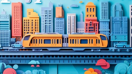 Colorful illustration of a cityscape with modern train passing through urban skyscrapers and buildings under a sunny sky.