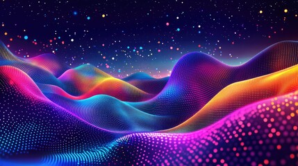Obraz premium Vibrant neon geometric shapes flowing over a neon dots landscape, paradise-like background, abstract digital art