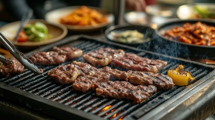 Flavorful Korean BBQ Feast: Close-Up of Sizzling Meats and Veggies on Grill with Tongs and Side Dishes