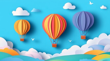 Fototapeta premium Colorful paper art hot air balloons floating in the sky with clouds and birds. Surreal and whimsical illustration.