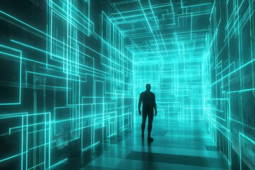 Silhouette of a Person Standing in a Glowing Cyan Gridded Hallway