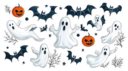 Obraz premium Spooky Halloween illustration featuring ghosts, bats, and pumpkins, perfect for festive designs and seasonal decor.
