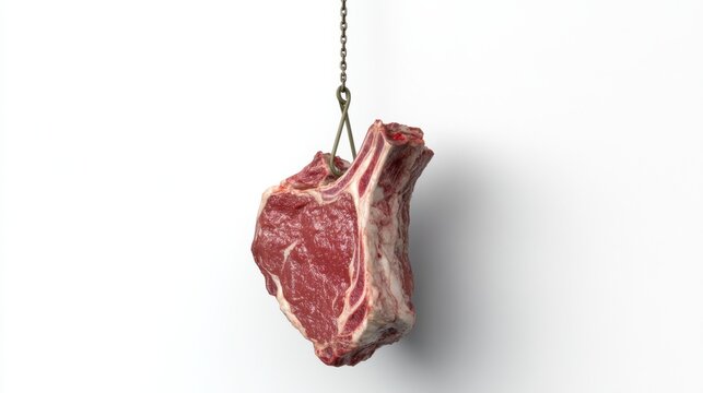 A 3D illustration of a hanging meat hook with a fresh cut of beef, isolated on white background