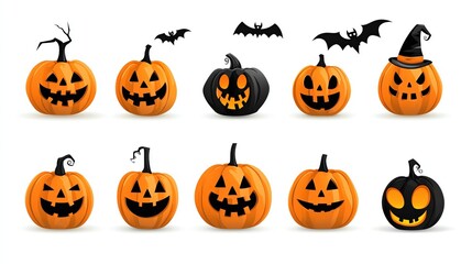 A collection of Halloween pumpkins showcasing various spooky expressions and designs, perfect for festive decorations and themes.