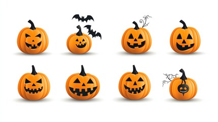 A collection of Halloween pumpkins featuring various cheerful and spooky faces, perfect for festive decoration and themes.