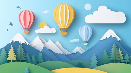 Colorful paper art of hot air balloons floating over mountains and trees with a bright blue sky and clouds in the background.