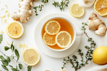 Invigorating lemon ginger tea composition on bright background for health and wellness themes