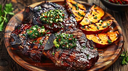 Fototapeta premium Lamb al asador chimichurri and crispy kumara wedges served as a flavorful and exotic food experience