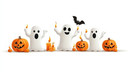 Playful ghosts and pumpkins create a festive Halloween scene, perfect for autumn decoration and party imagery.