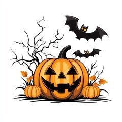 A spooky Halloween scene featuring a smiling jack-o'-lantern, bats, and autumn leaves, perfect for festive decorations.