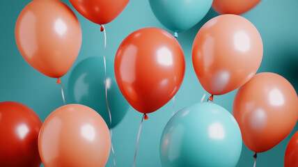 Colorful balloons in shades of red and turquoise float against a bright blue background
