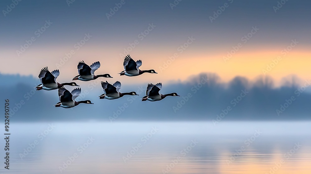 Canvas Prints semi close-up of a group of duck silhouettes flying in formation over a tranquil lake at dusk, soft 