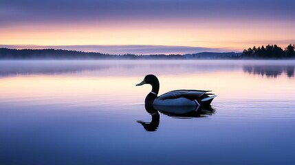 Naklejka premium semi close-up of a duck silhouette floating alone on a serene lake at twilight, soft purple and blue tones in the sky, water perfectly still, focus on the solitude and elegance of the scene, slightly